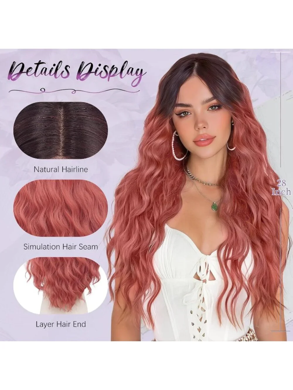 Women's Omber Pink 28 Inch Lace Front Soft Synthetic Long Wavy Curly Wigs